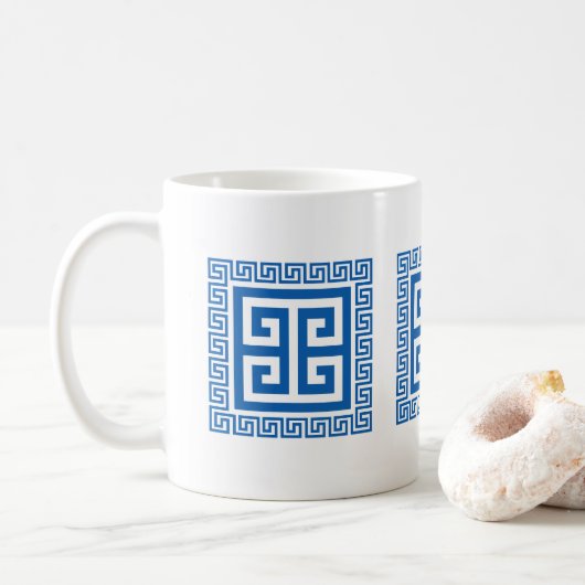 Griechisches Schlüsselmuster Blau und Weiß Kaffeetasse (Mit Donut)