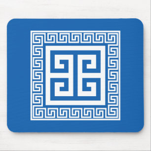 Griechisches Schlüsselmuster Blau und Weiß Mousepad