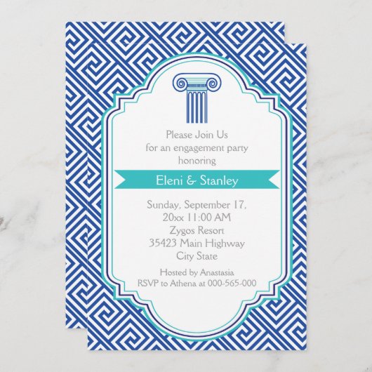 Griechisches Schlüsselmuster und blaue Spalte Einladung (Vorne/Hinten)