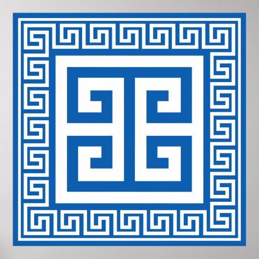 Griechisches Schlüsselmuster: Weiß und Blau Poster (Vorne)