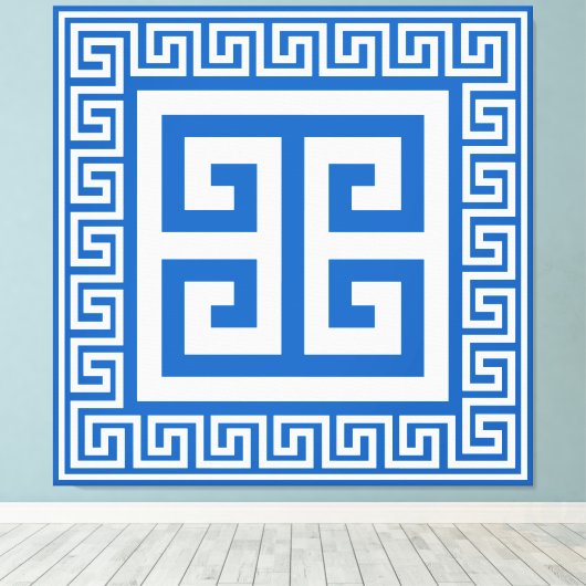 Griechisches Schlüsselmuster, weiße und blaue Lein Leinwanddruck (Insitu (Holzboden))