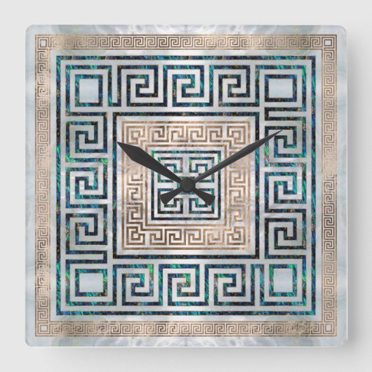 Griechisches Schlüsselschmuck - Abalone und Gold Quadratische Wanduhr (Vorderseite)