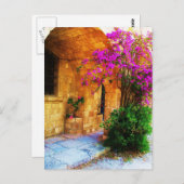 Griechisches Steinhaus - alte Holztür Bougainville Postkarte (Vorne/Hinten)