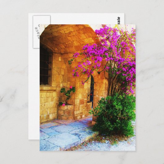 Griechisches Steinhaus - alte Holztür Bougainville Postkarte (Vorne/Hinten)