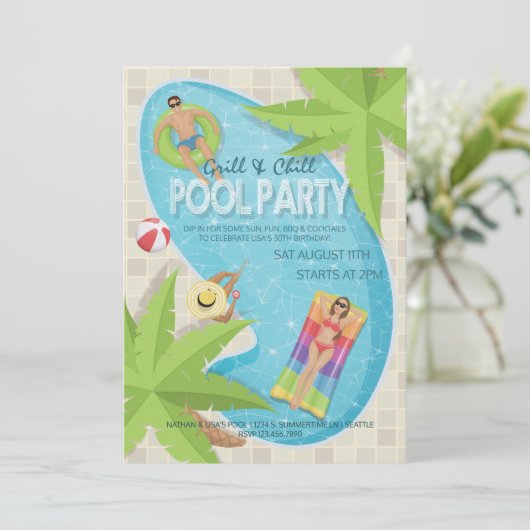 Grill and Chill Adult Birthday Pool Party Einladun Einladung (Stehend Vorderseite)