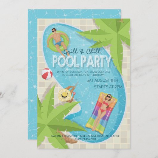 Grill and Chill Adult Birthday Pool Party Einladun Einladung (Vorne/Hinten)