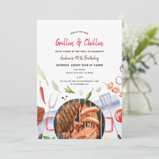Grill & Chill BBQ Backyard Birthday Party Einladung (Stehend Vorderseite)