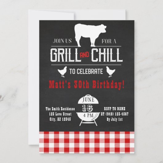Grill & Chill GRILLEN GeburtstagRustikales Chalkbo Einladung (Vorderseite)
