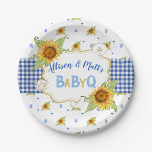Grill des Land-Sonnenblume-blauer Gingham-Baby-Q Pappteller
