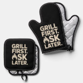 Grill First Ask Later BBQ Grill Dad Humor Ofenhandschuh & Topflappen-Set (Vorderseite/Rückseite)