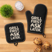 Grill First Ask Later BBQ Grill Dad Humor Ofenhandschuh & Topflappen-Set (Oben Unten)