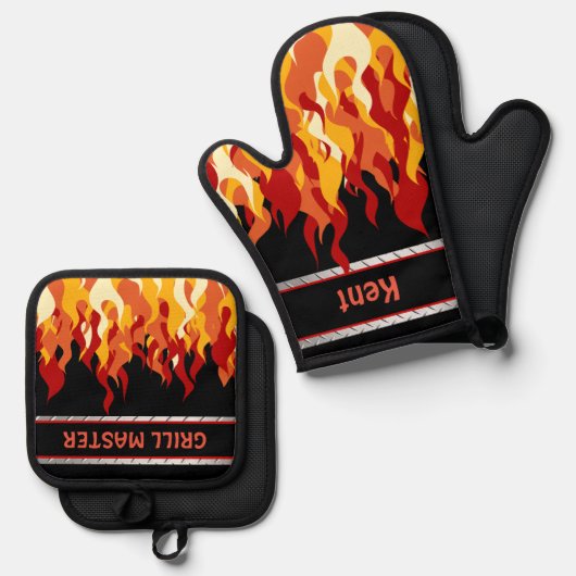 Grill Master Name Schwarz mit Flammen Ofenhandschuh & Topflappen-Set (Vorderseite/Rückseite)