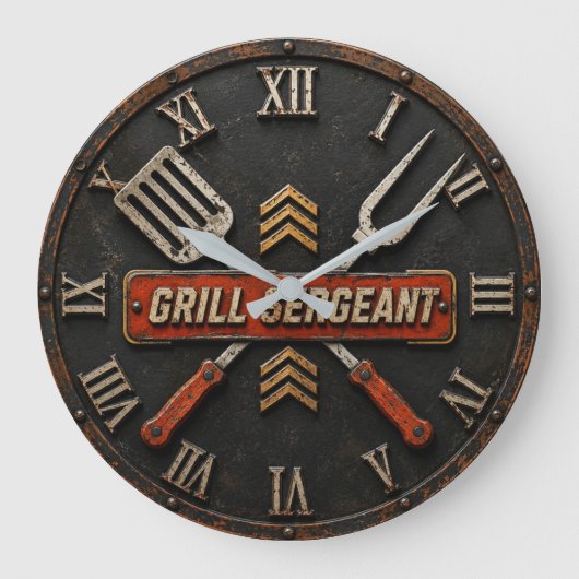 Grill Sergeant Funny BBQ Grill Master Man Cave Große Wanduhr (Vorderseite)