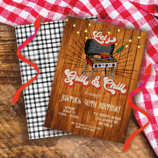 Grill und Chill GRILLEN Woodcut Retro Geburtstagsp Einladung