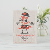 Grill und Chill Woodcut Retro GRILLEN Grill Party Einladung (Stehend Vorderseite)