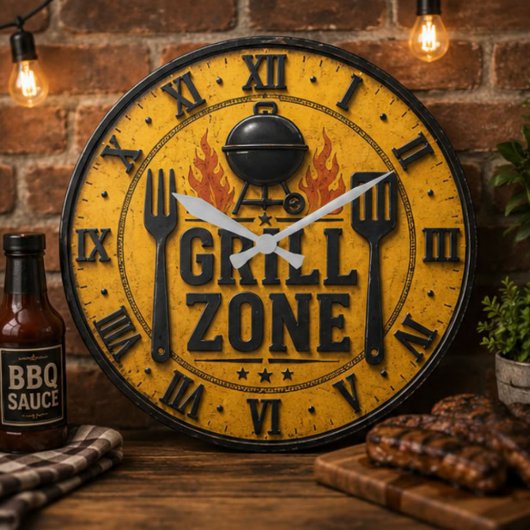 Grill Zone BBQ Grill Master Kitchen Rustic Große Wanduhr
