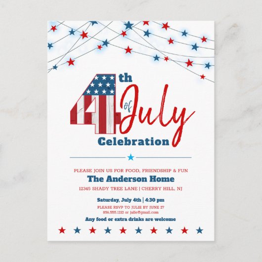 Grillen 4. Juli Moderne Stars Streifen Rotes Blau Einladungspostkarte (Vorderseite)