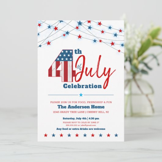 Grillen 4. Juli Stars Stripes Red White Einladung (Stehend Vorderseite)