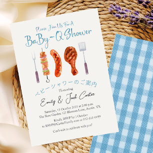 GRILLEN Baby Shower BabyQ Grill Utensil Blue Gingh Einladung
