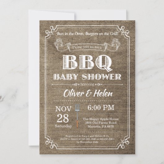 GRILLEN Baby Shower Einladung Burlap Vintag (Vorderseite)