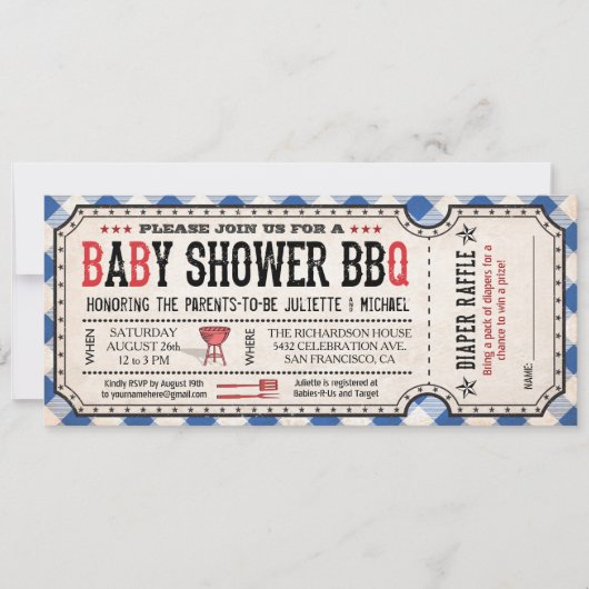 GRILLEN Baby Shower Ticket Diaper Einladungen (Vorderseite)