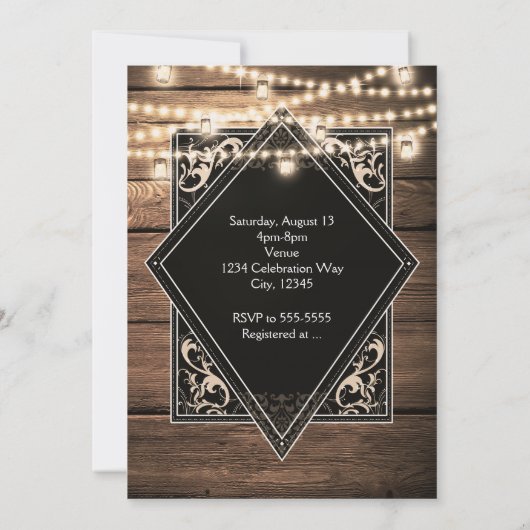 Grillen BARBECUE Rustikale Verlobung Holz und Lich Einladung (Rückseite)