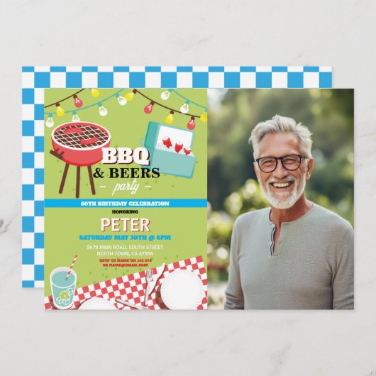 GRILLEN Beers Birthday Party Garden Yard Foto Einladung (Vorne/Hinten)