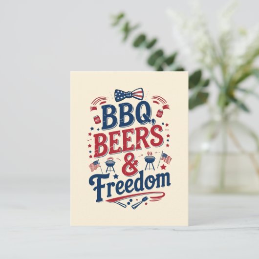 GRILLEN, Beers & Freedom - Retro 4. Juli Vibes Postkarte (Stehend Vorderseite)