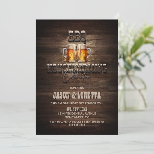 GRILLEN Beers Wood Housewarming Party Einladung (Stehend Vorderseite)