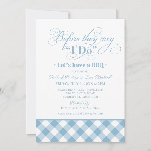 GRILLEN Bevor ich Sky Blue Gingham Probe Dinner Einladung (Vorderseite)