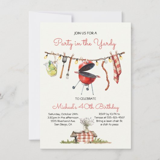 GRILLEN Birthday Gingham Backyard Picnic Einladung (Vorderseite)