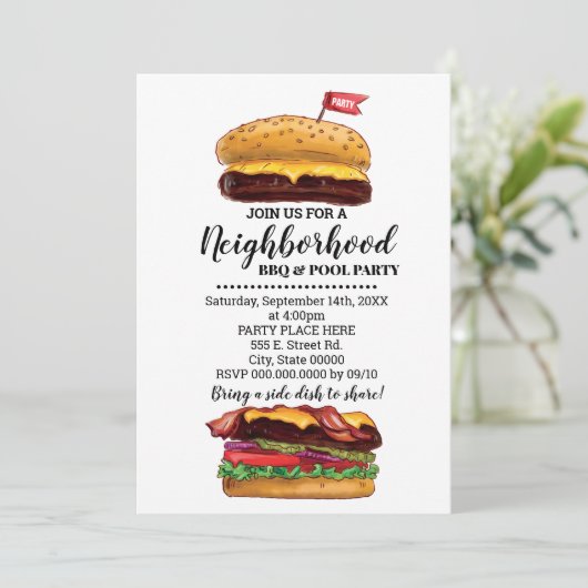 GRILLEN Block Party Hamburger Nachbarschaft Sommer Einladung (Stehend Vorderseite)