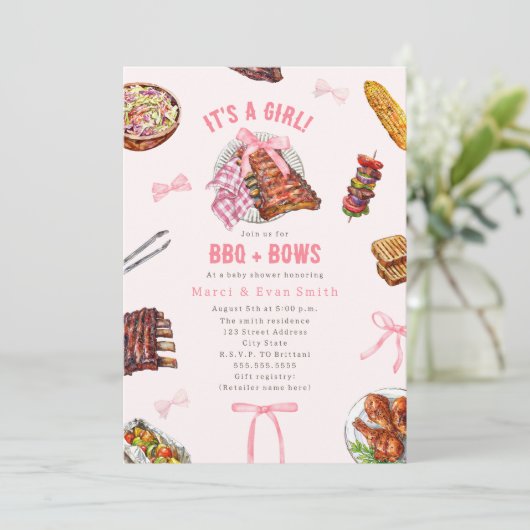 GRILLEN + Bows Cookout Girl Shower Einladung (Stehend Vorderseite)