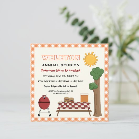 GRILLEN Cookout family Wiedersehen, orange gingham Einladung (Stehend Vorderseite)