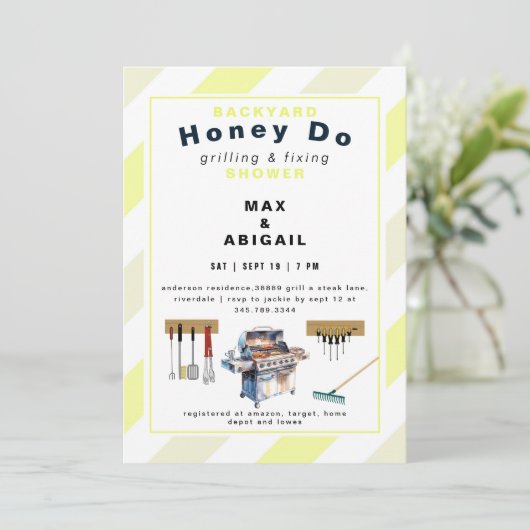 Grillen & Fixieren der Dusche für gelbe Paare Einladung (Stehend Vorderseite)