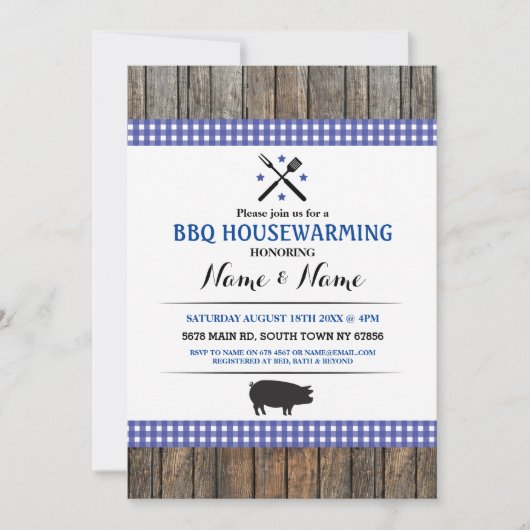 GRILLEN Housewarming Rustic Blue Hog Roastholz Ein Einladung (Vorderseite)