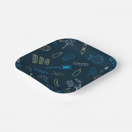 GRILLEN Icons Muster Grilltools Fleisch Lebensmitt Pappteller (Gewinkelt)