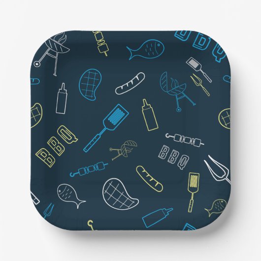 GRILLEN Icons Muster Grilltools Fleisch Lebensmitt Pappteller (Vorderseite)