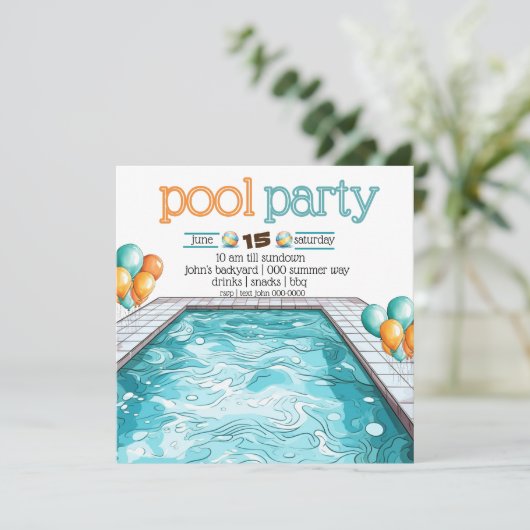 Grillen im Garten und Party im Pool | Orange Einladung (Stehend Vorderseite)