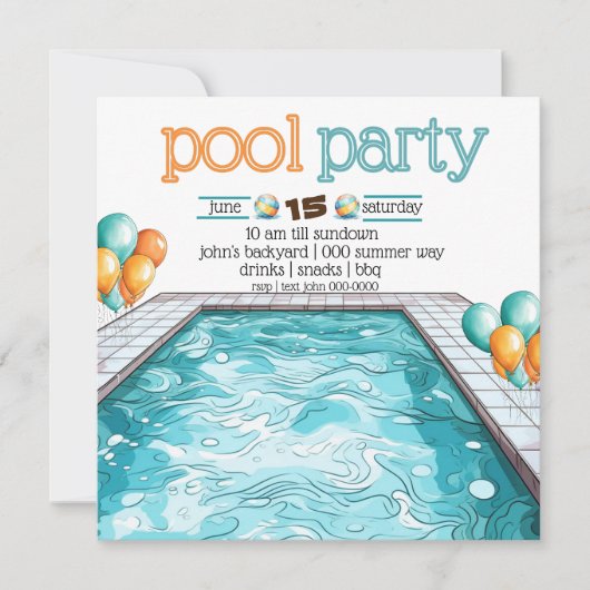 Grillen im Garten und Party im Pool | Orange Einladung (Vorderseite)