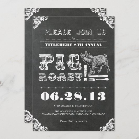 GRILLEN - JÄHRLICHES SCHWEINROSTCHALKBOARD RUSTIK EINLADUNG (Vorne/Hinten)