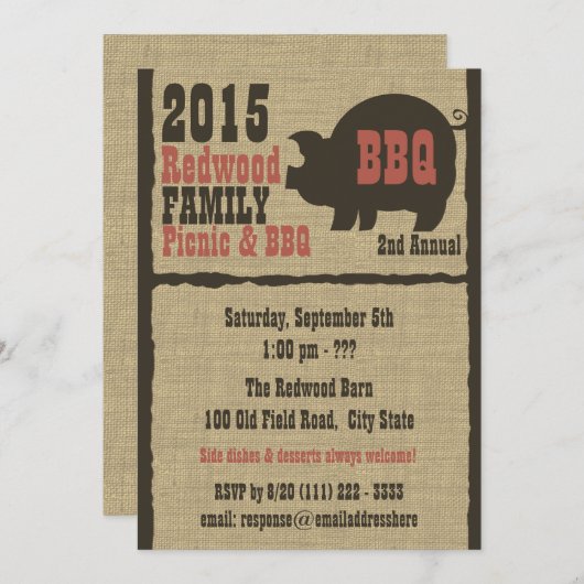 GRILLEN oder Schweinesäube Rustikaler Burlap Einladung (Vorne/Hinten)