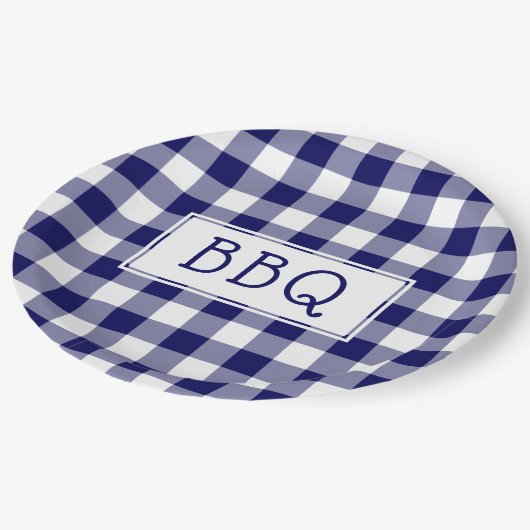 Grillen Party Classic Blue and White Gingham Pappteller (Schrägansicht)