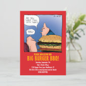 GRILLEN Party Einladung mit Funny Burger Cartoon (Stehend Vorderseite)