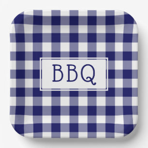 GRILLEN-Party für blaue und weiße Gingham-Muster Pappteller