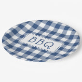 Grillen-Party für blaue und weiße Gingham-Muster Pappteller (Schrägansicht)