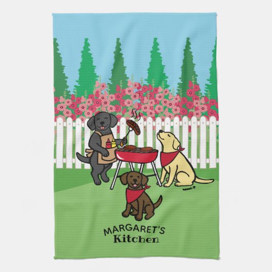 Grillen Party Labradors Hollyhock Geschirrtuch (Vertikal)