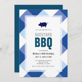 GRILLEN Pig Roast Navy Gingham Adult Birthday Einladung