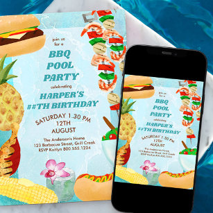 GRILLEN Pool Party Geburtstagseinladung Einladung