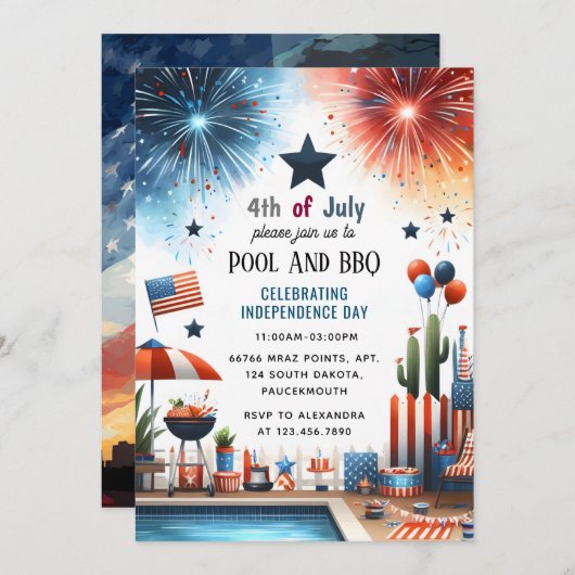 Grillen Red White Blue Usa Flag 4. Juli Party Einladung (Vorne/Hinten)